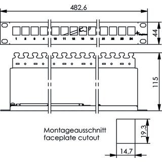 19 Panel 1HE RAL 7035 inkl. KAF + 24 x AMJ K Cat.6A (tiefgest. n. ISO/IEC) T568A (Telegrtner J02023K0027)