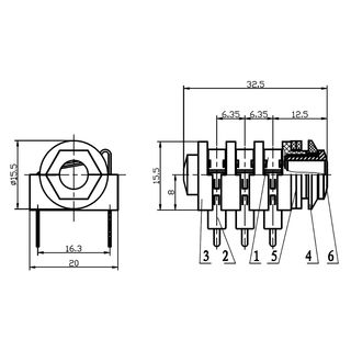 HICON Klinke (6,3mm), 3-pol , Kunststoff-, Lttechnik-Einbaubuchse, verzinnte(r) Kontakt(e), gerade, schwarz