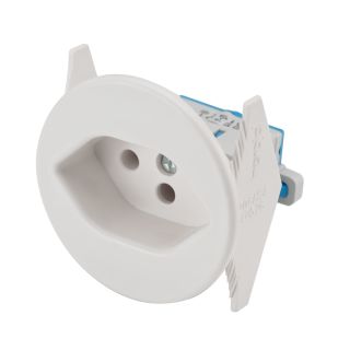 Einbaudose SNAP-IN, Schweizer Norm, 2-pol , Kunststoff-, Schraubkontakt-Snap-In-Einbaubuchse, vernickelte(r) Kontakt(e), gerade, max. 2,5 mm², weiß