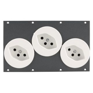 Steckverbinderrmodul 3 x Steckdose schweizer Norm Snap-In, 2 HE, 4 BE für SYS-Gehäuseserien, Farbe: anthrazit, RAL 7016 | SYCFB24-3SCHU-CH
