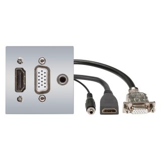Anschluss-Modul HDMI fem. —> 0,15 m Kabelpeitsche HDMI fem. + VGA fem. —>   0,15 m Kabelpeitsche  VGA fem. + 3,5 mm Stereoklinke fem.  —> 0,15 m Kabelpeitsche 3,5 mm Stereoklinke fem., Baugröße: 45x45 mm, Kunststoff, Farbe: alusilber
