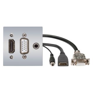 Anschluss-Modul HDMI fem. ?> 0,15 m Kabelpeitsche HDMI fem. + VGA fem. ?>   0,15 m Kabelpeitsche  VGA fem. + 3,5 mm Stereoklinke fem.  ?> 0,15 m Kabelpeitsche 3,5 mm Stereoklinke fem., Baugre: 45x45 mm, Kunststoff, Farbe: alusilber