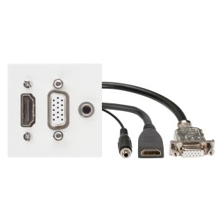 Anschluss-Modul HDMI fem. —> 0,15 m Kabelpeitsche HDMI fem. + VGA fem. —>   0,15 m Kabelpeitsche  VGA fem. + 3,5 mm Stereoklinke fem.  —> 0,15 m Kabelpeitsche 3,5 mm Stereoklinke fem., Baugröße: 45x45 mm, Kunststoff, Farbe: reinweiss, RAL 9010