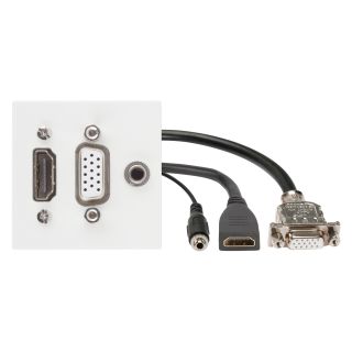 Anschluss-Modul HDMI fem. ?> 0,15 m Kabelpeitsche HDMI fem. + VGA fem. ?>   0,15 m Kabelpeitsche  VGA fem. + 3,5 mm Stereoklinke fem.  ?> 0,15 m Kabelpeitsche 3,5 mm Stereoklinke fem., Baugre: 45x45 mm, Kunststoff, Farbe: reinweiss, RAL 9010