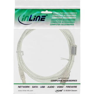 InLine USB 2.0 Kabel, A an B, transparent, mit Ferritkern, 5m