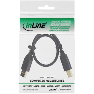 InLine USB 2.0 Kabel, A an B, schwarz, Kontakte gold, 0,3m