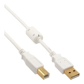 InLine USB 2.0 Kabel, A an B, wei / gold, mit Ferritkern, 2m