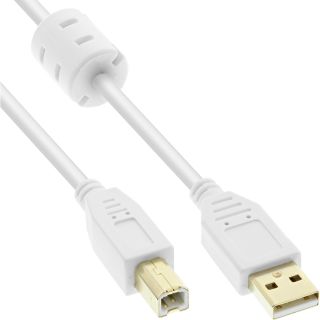 InLine USB 2.0 Kabel, A an B, wei / gold, mit Ferritkern, 2m