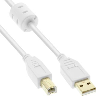 InLine USB 2.0 Kabel, A an B, wei / gold, mit Ferritkern, 3m