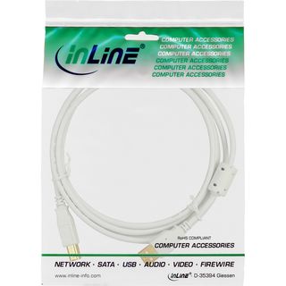 InLine USB 2.0 Kabel, A an B, wei / gold, mit Ferritkern, 5m