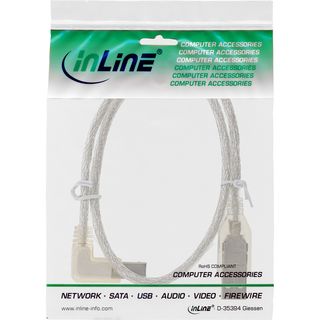 InLine USB 2.0 Kabel, A an B links abgewinkelt, transparent, 3m