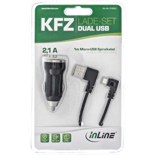 InLine USB DUAL+ KFZ-Ladeset, Stromadapter mit 1m Spiralkabel, 12/24VDC zu 5V DC/2.1A