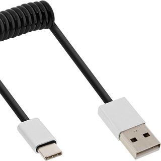 InLine USB 2.0 Spiralkabel, Typ C Stecker an A Stecker, schwarz/Alu, flexibel, 2m