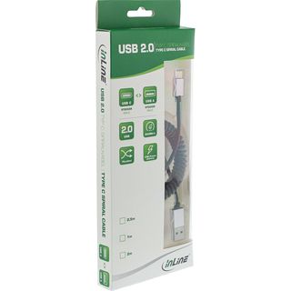 InLine USB 2.0 Spiralkabel, Typ C Stecker an A Stecker, schwarz/Alu, flexibel, 2m