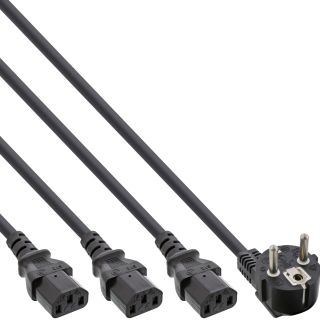 InLine Netz-Y-Kabel, 1x Schutzkontaktstecker zu 3x Kaltgertestecker, 3m