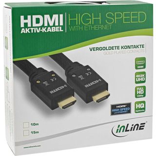 InLine HDMI Aktiv-Kabel, HDMI-High Speed mit Ethernet, 4K2K, Stecker / Stecker, schwarz / gold, Nylon Geflecht Mantel 15m