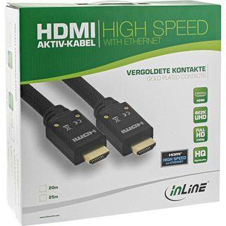 InLine HDMI Aktiv-Kabel, HDMI-High Speed mit Ethernet, 4K2K, Stecker / Stecker, schwarz / gold, Nylon Geflecht Mantel 25m