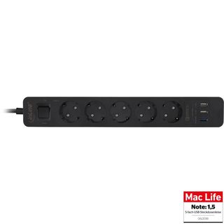 InLine Steckdosenleiste, 5-fach Schutzkontakt, berspannungsschutz und QuickCharge USB, mit Schalter, 1,5m, schwarz