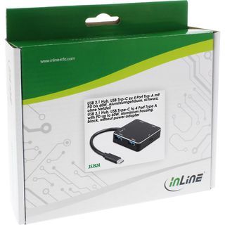 InLine USB 3.1 Hub, USB Typ C zu 4 Port Typ A mit PD bis 60W, Aluminiumgehuse, schwarz, ohne Netzteil