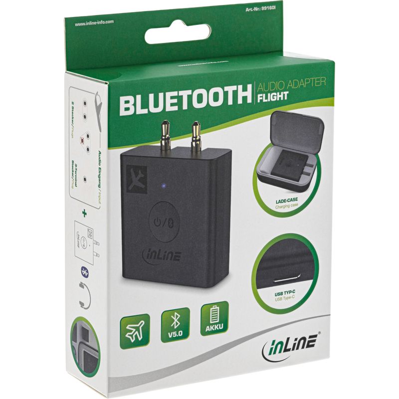 InLine – Flugzeugadapter Bluetooth 5.0 Audio Sender Transmitter für TV, PC,  HiFi, aptX, universal Adapter für 1-, 2- und 3-polige Aux Systeme, mit