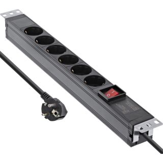 InLine® 19" Steckdosenleiste, 6-fach Schutzkontakt, mit Schalter, 2m, schwarz