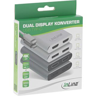 InLine USB Dual Display Konverter, USB Typ-C zu 2x DisplayPort Buchse (DP Alt Mode), 4K, schwarz, 0.1m