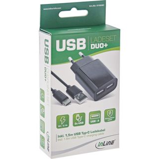 InLine USB DUO+ Ladeset, Netzteil 2-fach + USB Typ-C Kabel, Ladegert, Stromadapter, 100-240V zu 5V/2.1A, schwarz