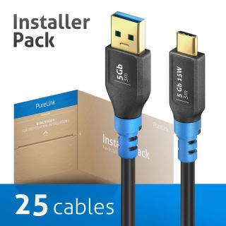 USB 3.2 Gen1 USB-C / USB-A Kabel, schwarz, 3.00m, Installer Pack 25pcs