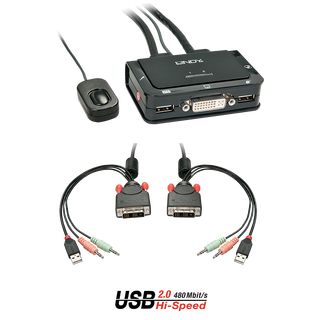 2 Port DVI-D Single Link, USB 2.0 & Audio KVM Switch Compact (Lindy 42341)